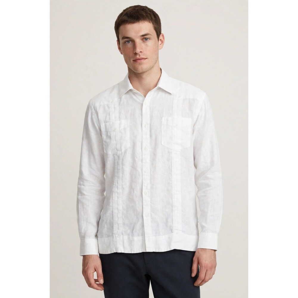 Cubavera Mens S White 100% Linen Guayabera Shirt Long Sleeve Beach Wedding FLAW